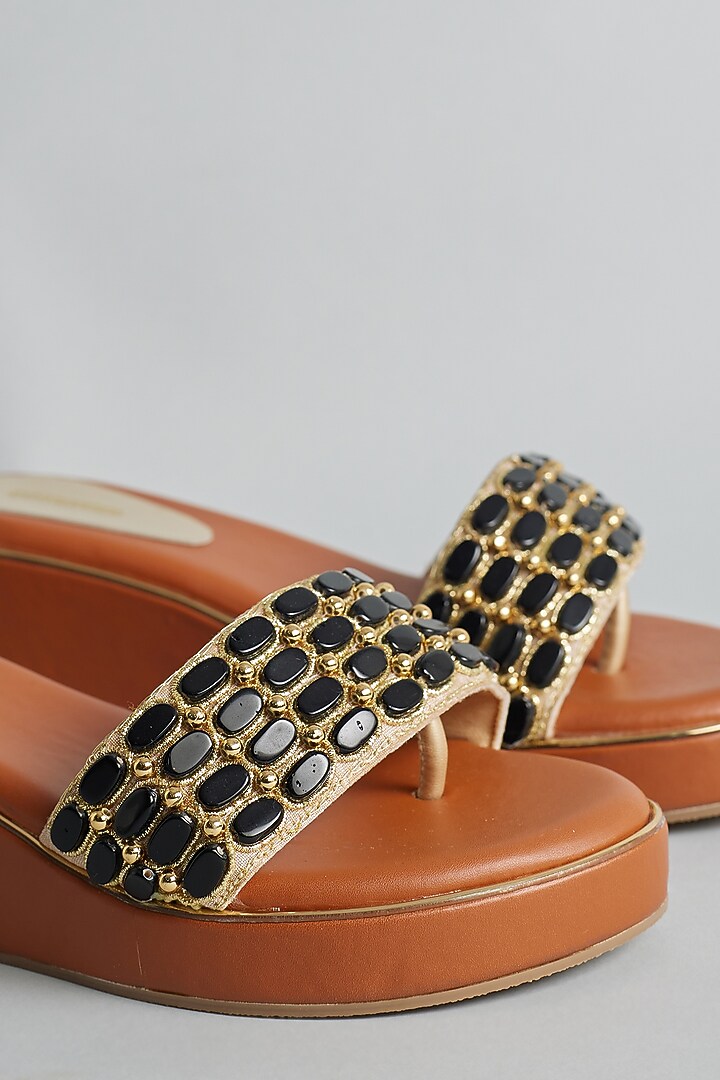 Brown Rexine Zardosi & Stone Embellished Platform Heels by Foot Fuel at Pernia's Pop Up Shop