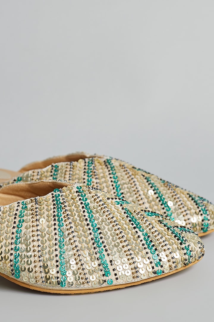 Gold Rexine Sequins Embellished Juttis by Foot Fuel at Pernia's Pop Up Shop