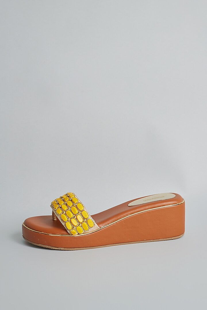 Brown Rexine Zardosi & Stone Embellished Platform Heels by Foot Fuel at Pernia's Pop Up Shop
