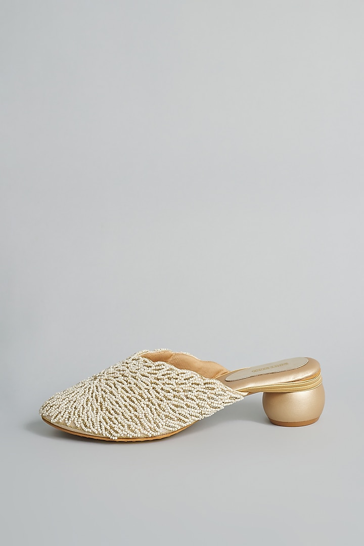 Gold Rexine Pearl & Aari Hand Embroidered Juttis by Foot Fuel at Pernia's Pop Up Shop