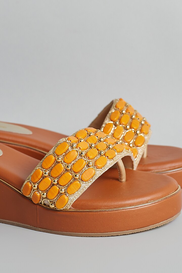 Brown Rexine Zardosi & Stone Embellished Platform Heels by Foot Fuel at Pernia's Pop Up Shop