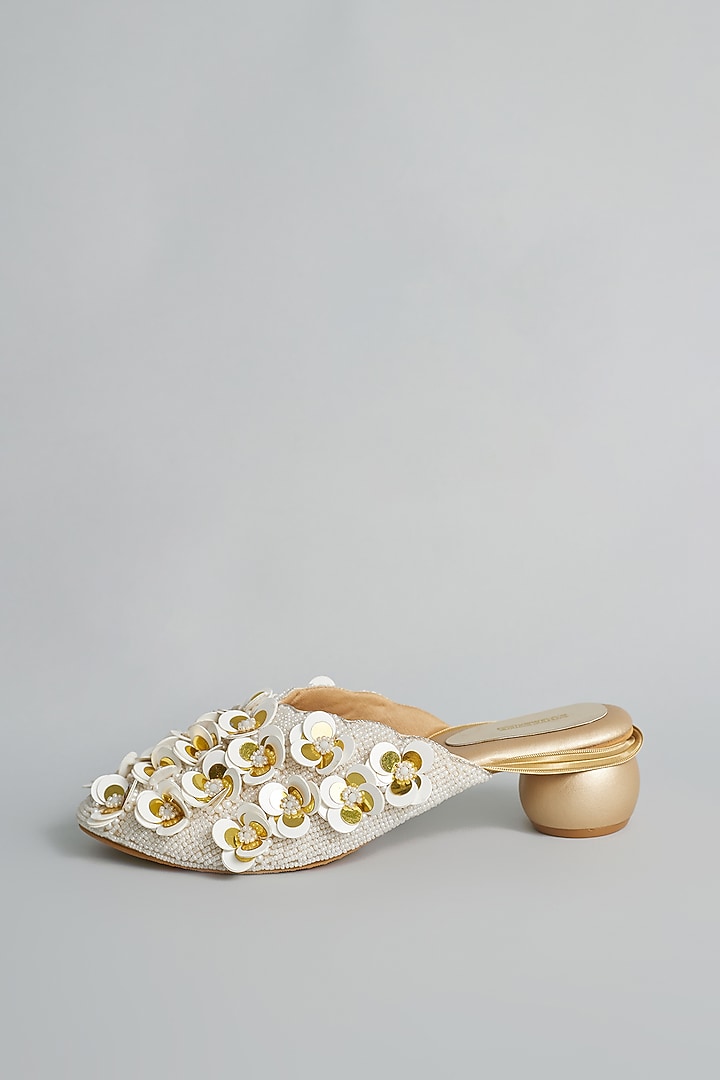 Gold Rexine Hand Embroidered Juttis by Foot Fuel at Pernia's Pop Up Shop