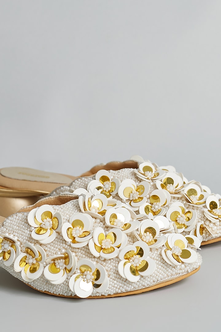 Gold Rexine Hand Embroidered Juttis by Foot Fuel at Pernia's Pop Up Shop