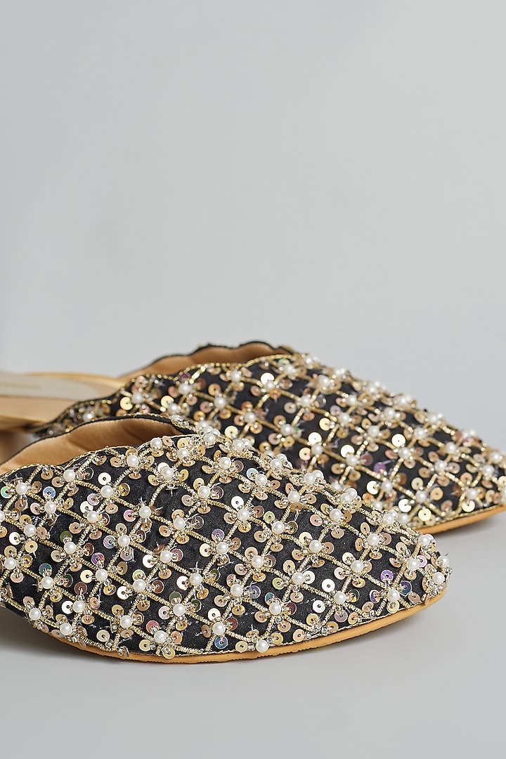 Gold Rexine Zardosi Hand Embroidered Juttis by Foot Fuel at Pernia's Pop Up Shop