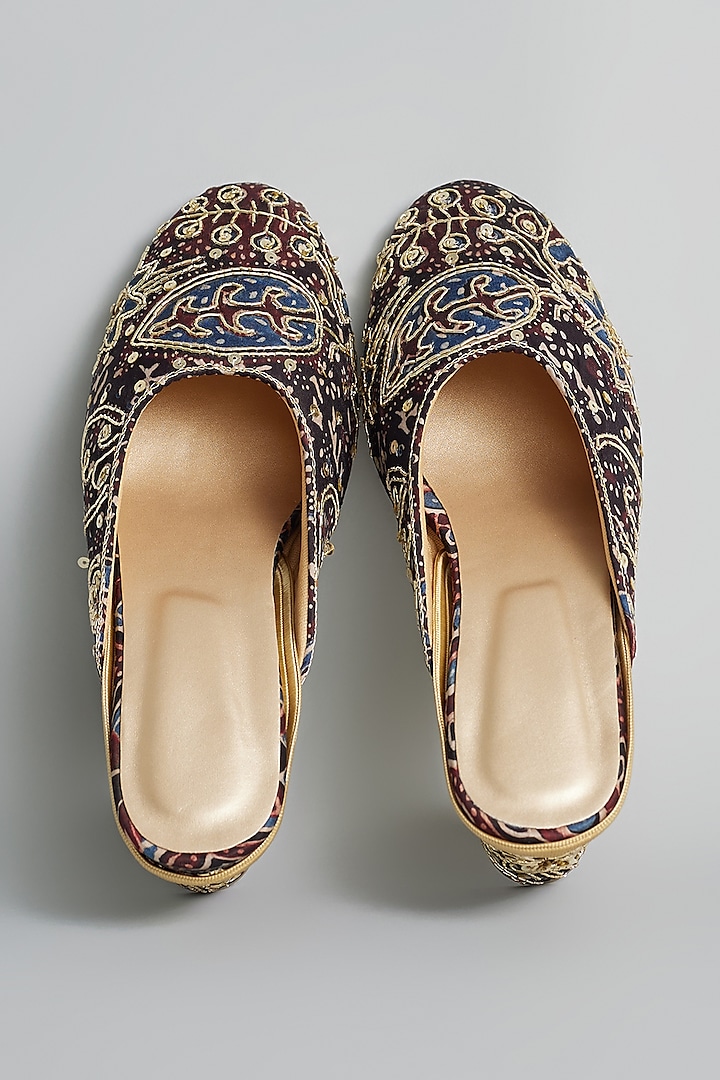 Gold Rexine Ajrakh Printed Juttis by Foot Fuel