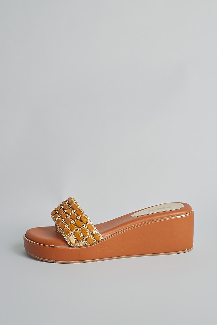 Brown Rexine Zardosi Embellished Platform Heels by Foot Fuel at Pernia's Pop Up Shop