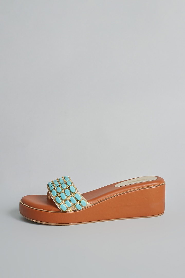 Brown Rexine Zardosi & Stone Embellished Platform Heels by Foot Fuel at Pernia's Pop Up Shop