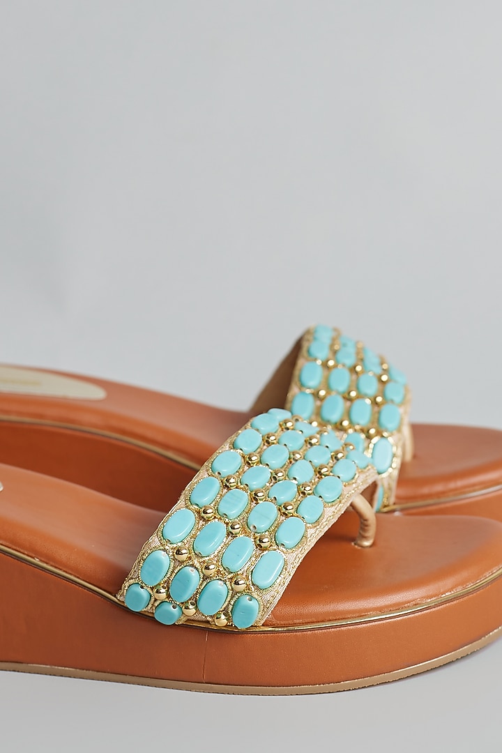 Brown Rexine Zardosi & Stone Embellished Platform Heels by Foot Fuel at Pernia's Pop Up Shop