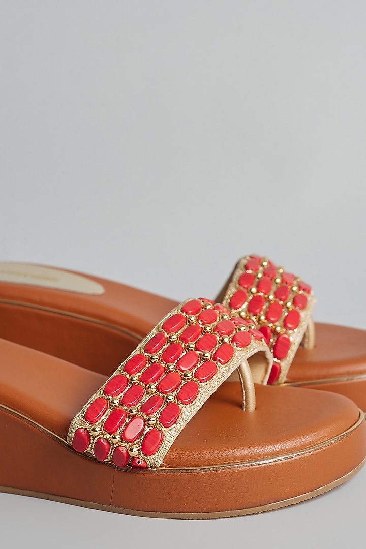Brown Rexine Zardosi & Stone Embellished Platform Heels by Foot Fuel at Pernia's Pop Up Shop