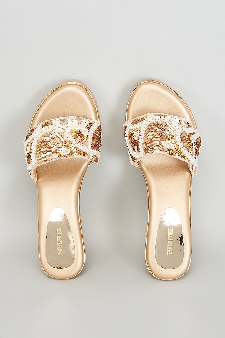 Gold Rexine Bead & Sequins Embroidered Heels by Foot Fuel at Pernia's Pop Up Shop