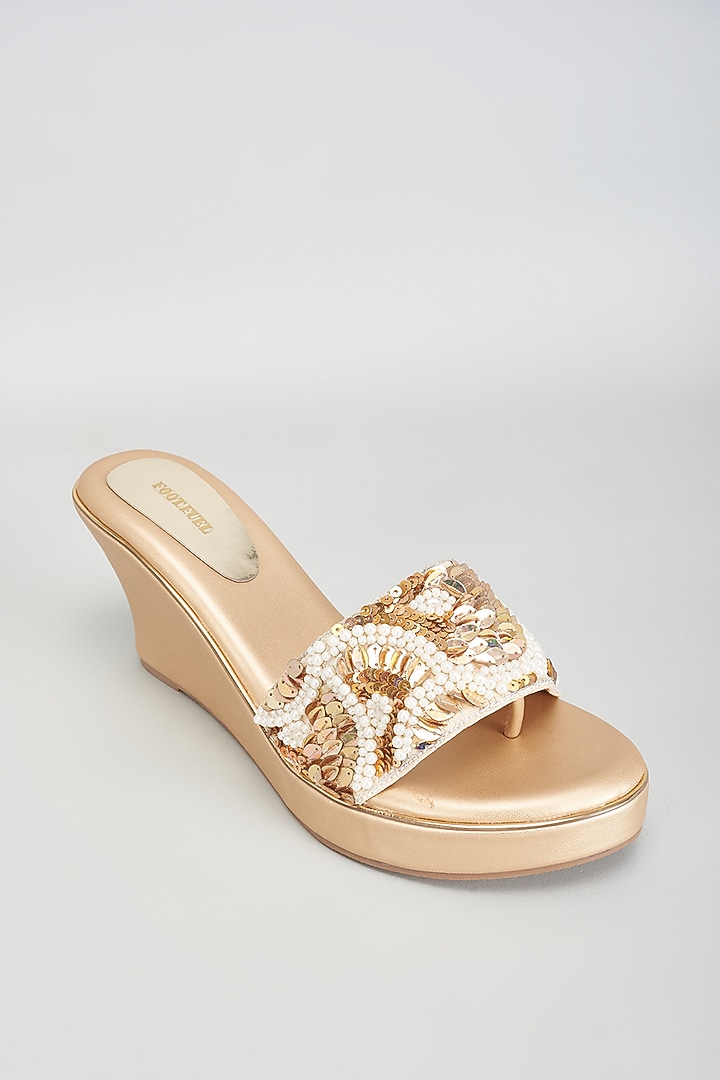 Gold Rexine Bead & Sequins Embroidered Heels by Foot Fuel at Pernia's Pop Up Shop