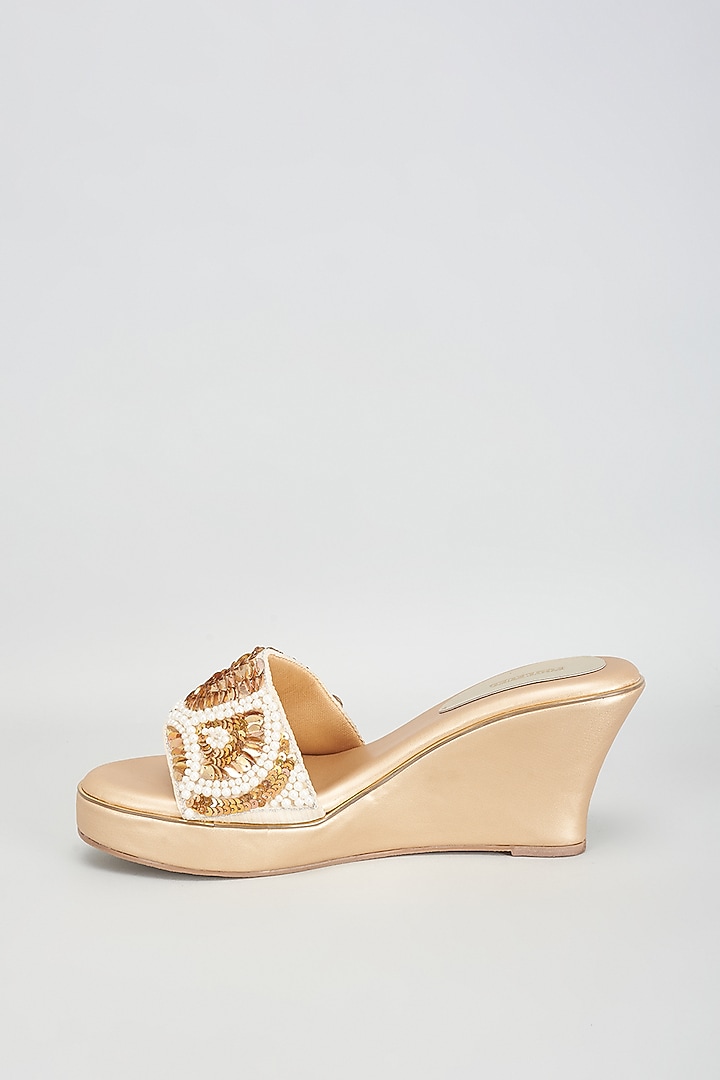 Gold Rexine Bead & Sequins Embroidered Heels by Foot Fuel at Pernia's Pop Up Shop