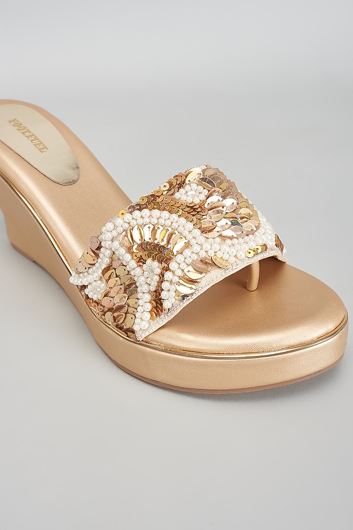 Gold Rexine Bead & Sequins Embroidered Heels by Foot Fuel at Pernia's Pop Up Shop