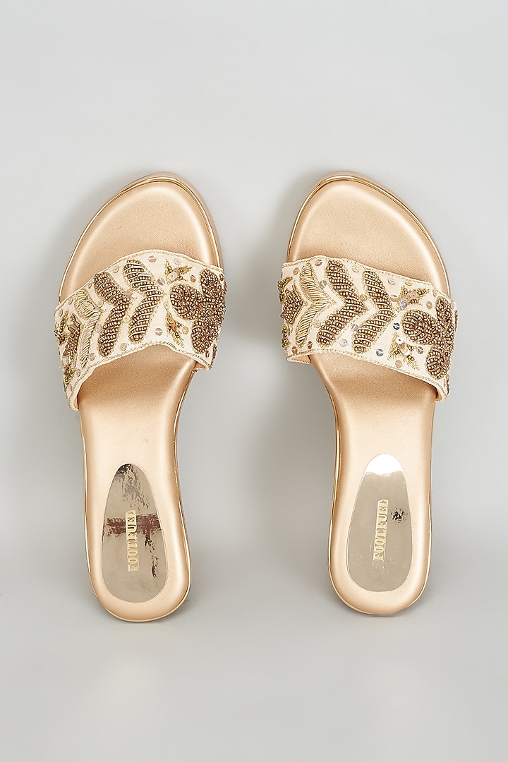 Gold Rexine Bead & Sequins Embroidered Heels by Foot Fuel at Pernia's Pop Up Shop