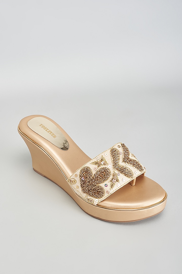 Gold Rexine Bead & Sequins Embroidered Heels by Foot Fuel at Pernia's Pop Up Shop
