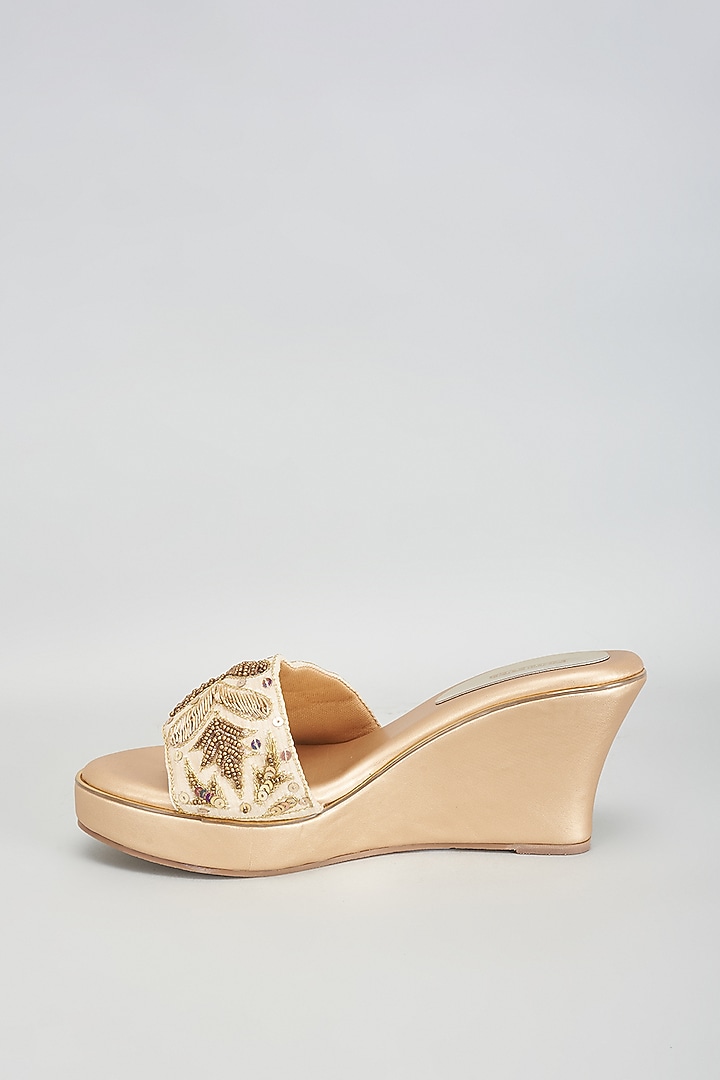 Gold Rexine Bead & Sequins Embroidered Heels by Foot Fuel at Pernia's Pop Up Shop