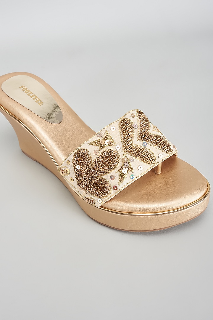 Gold Rexine Bead & Sequins Embroidered Heels by Foot Fuel at Pernia's Pop Up Shop