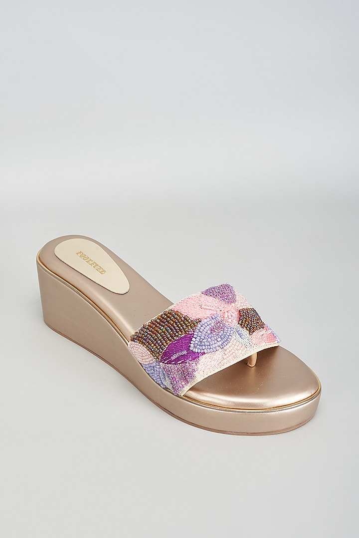 Gold Rexine Multi-Layered Thread Work Heels by Foot Fuel at Pernia's Pop Up Shop