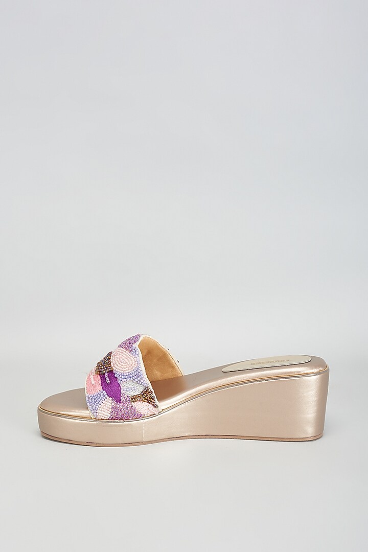Gold Rexine Multi-Layered Thread Work Heels by Foot Fuel at Pernia's Pop Up Shop