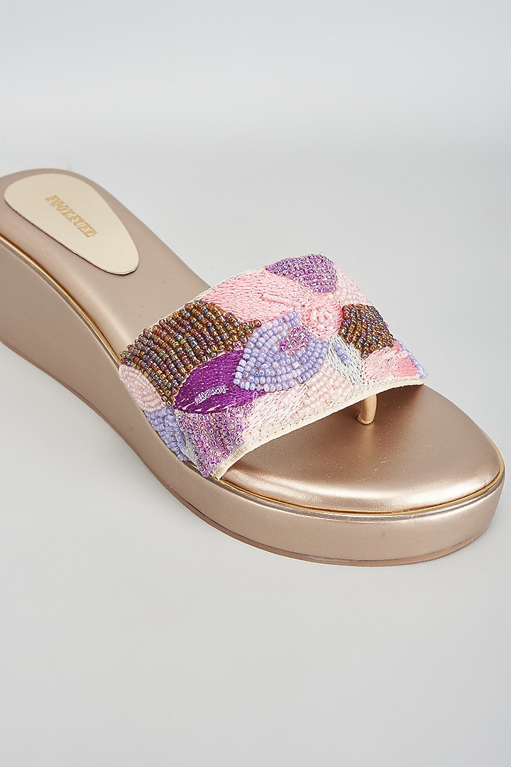 Gold Rexine Multi-Layered Thread Work Heels by Foot Fuel at Pernia's Pop Up Shop