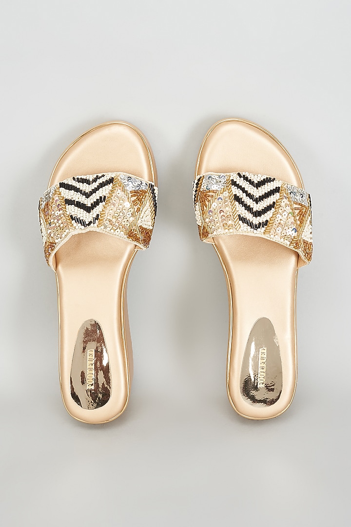 Gold Rexine Sequins Embroidered Heels by Foot Fuel at Pernia's Pop Up Shop