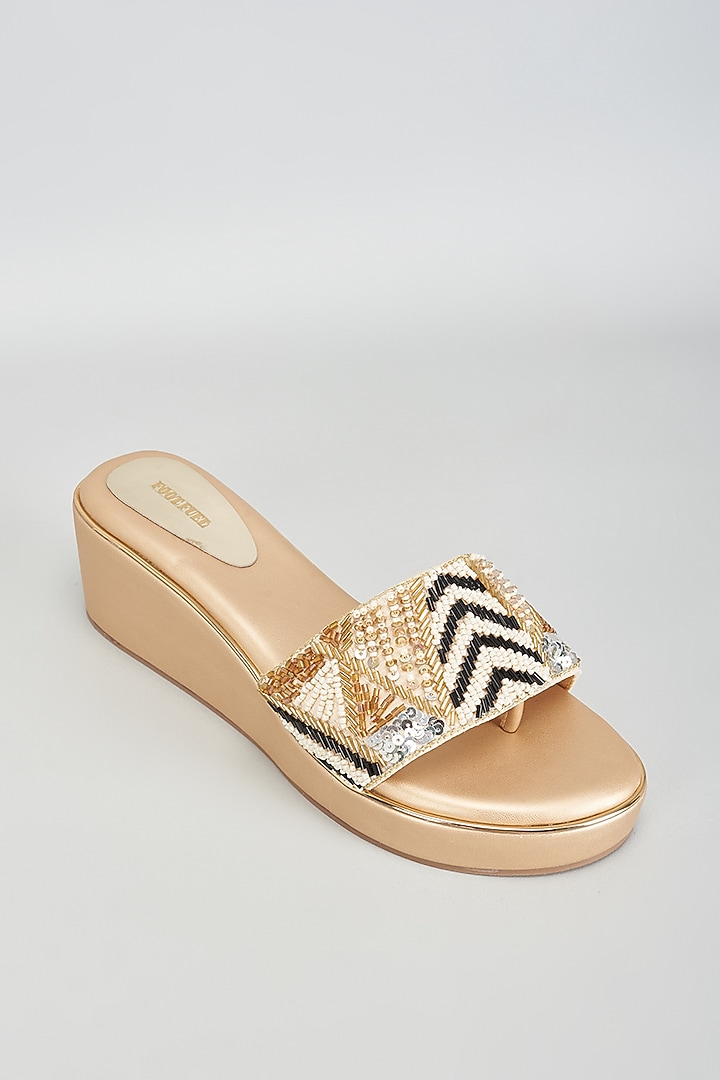 Gold Rexine Sequins Embroidered Heels by Foot Fuel at Pernia's Pop Up Shop