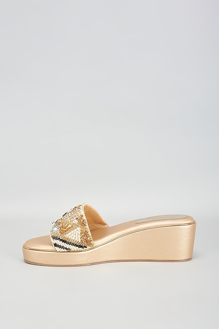 Gold Rexine Sequins Embroidered Heels by Foot Fuel at Pernia's Pop Up Shop