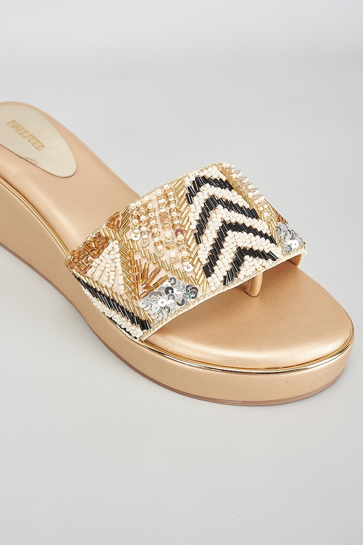 Gold Rexine Sequins Embroidered Heels by Foot Fuel at Pernia's Pop Up Shop