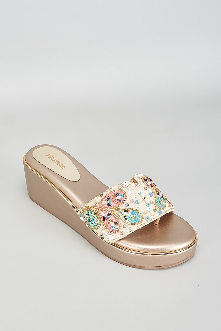 Gold Rexine Sequins Embroidered Heels by Foot Fuel at Pernia's Pop Up Shop