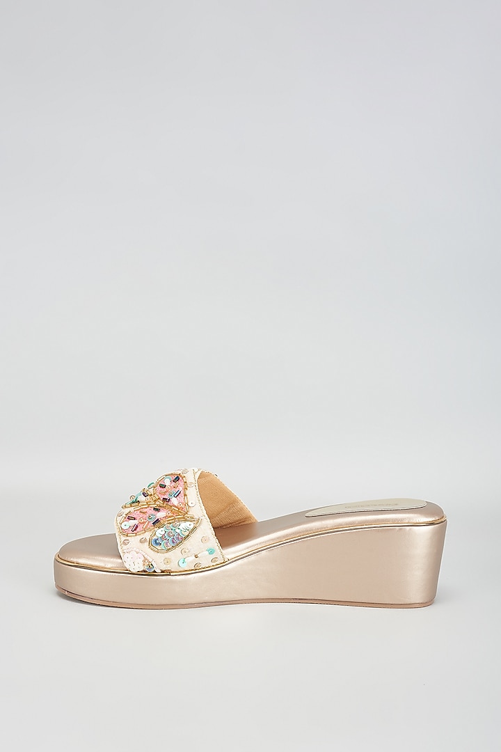 Gold Rexine Sequins Embroidered Heels by Foot Fuel at Pernia's Pop Up Shop