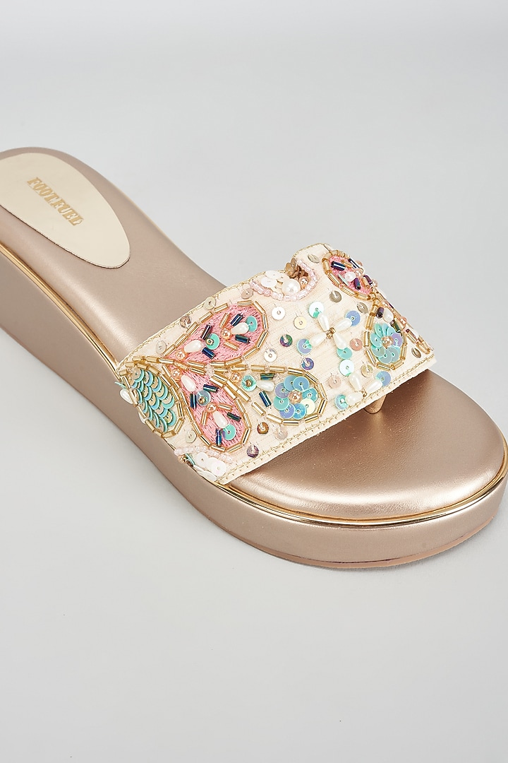 Gold Rexine Sequins Embroidered Heels by Foot Fuel at Pernia's Pop Up Shop