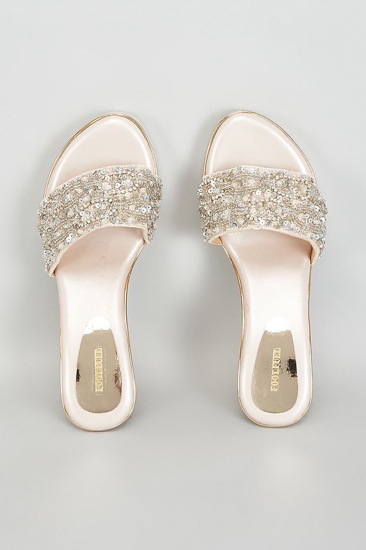 Gold Rexine Diamante & Sequins Embroidered Heels by Foot Fuel at Pernia's Pop Up Shop