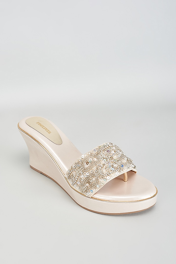Gold Rexine Diamante & Sequins Embroidered Heels by Foot Fuel at Pernia's Pop Up Shop