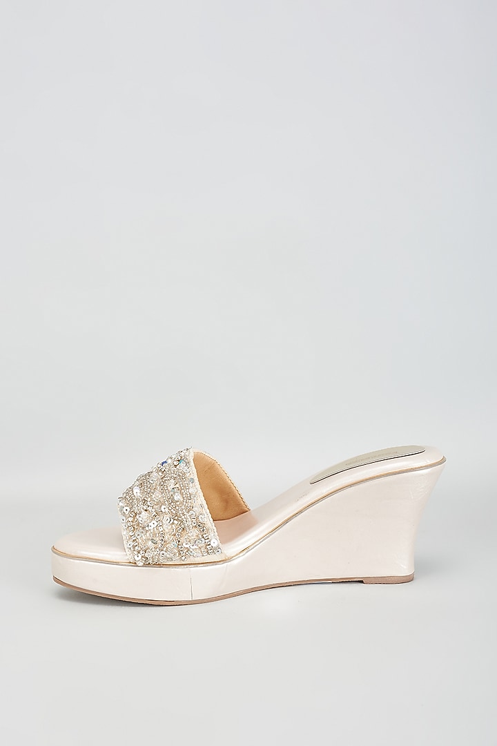 Gold Rexine Diamante & Sequins Embroidered Heels by Foot Fuel at Pernia's Pop Up Shop