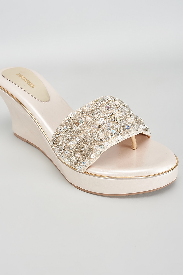 Gold Rexine Diamante & Sequins Embroidered Heels by Foot Fuel at Pernia's Pop Up Shop