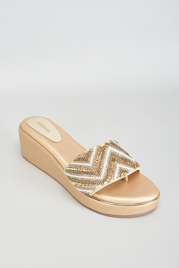 Gold Rexine Sequins Embroidered Heels by Foot Fuel at Pernia's Pop Up Shop