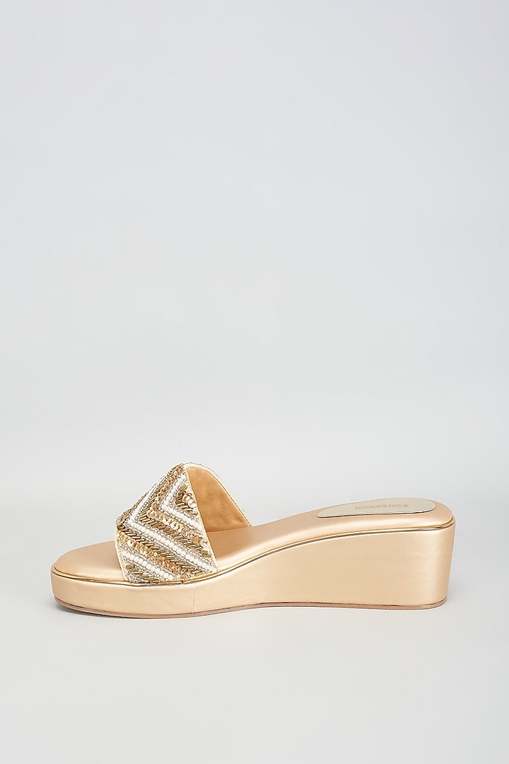 Gold Rexine Sequins Embroidered Heels by Foot Fuel at Pernia's Pop Up Shop