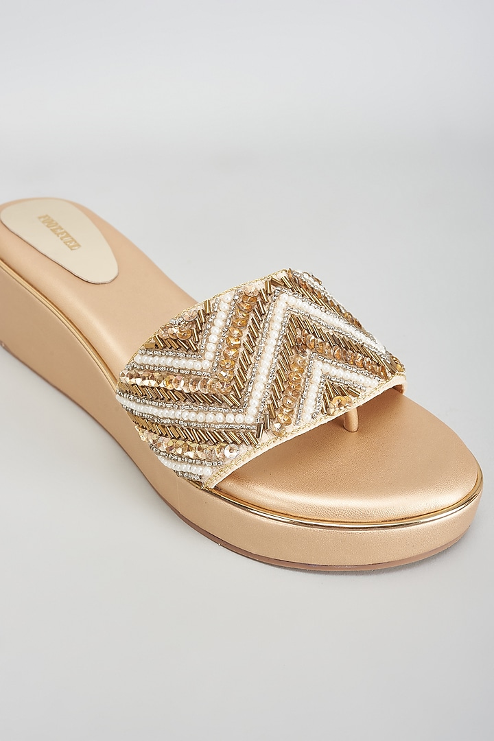 Gold Rexine Sequins Embroidered Heels by Foot Fuel at Pernia's Pop Up Shop