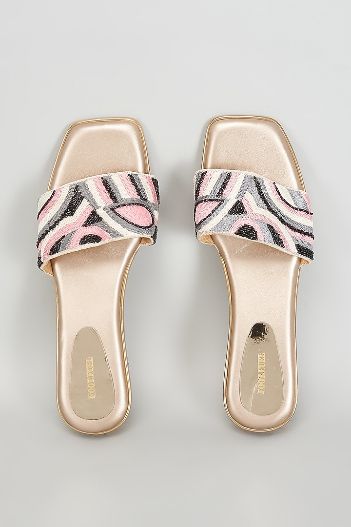 Gold Rexine Thread Work Flats by Foot Fuel at Pernia's Pop Up Shop