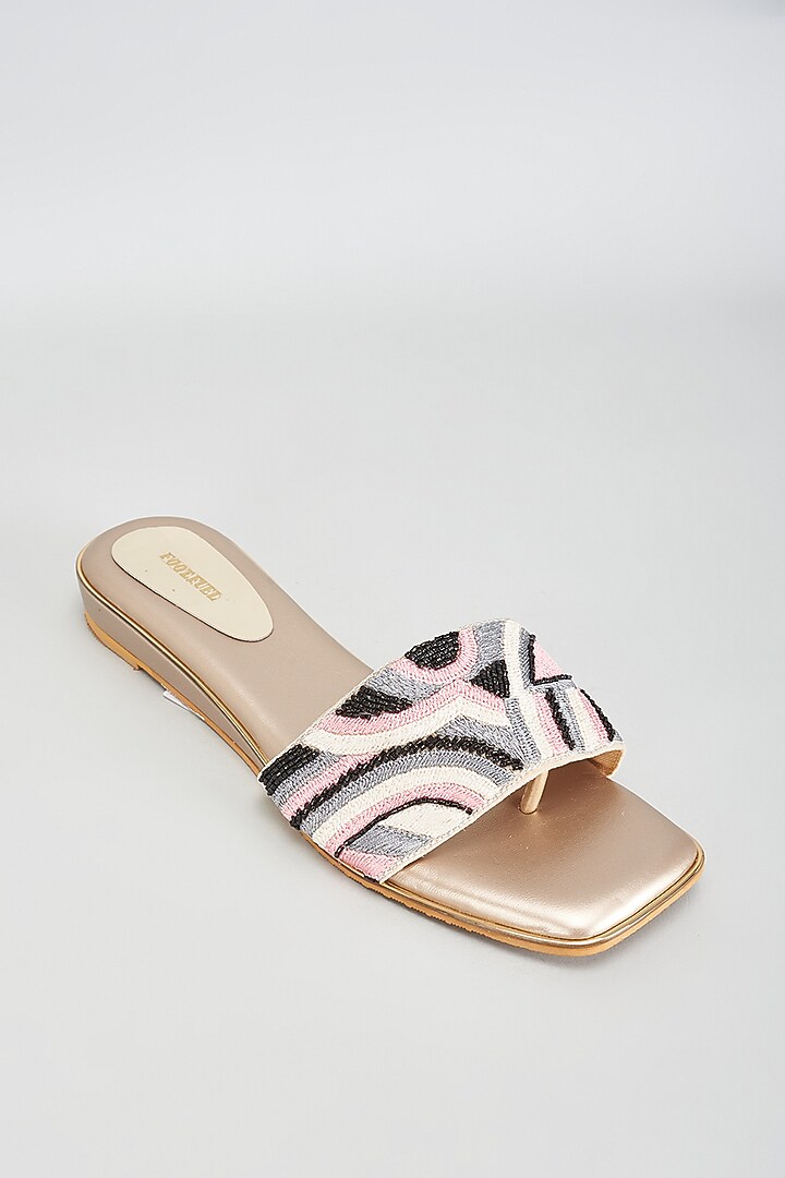 Gold Rexine Thread Work Flats by Foot Fuel at Pernia's Pop Up Shop