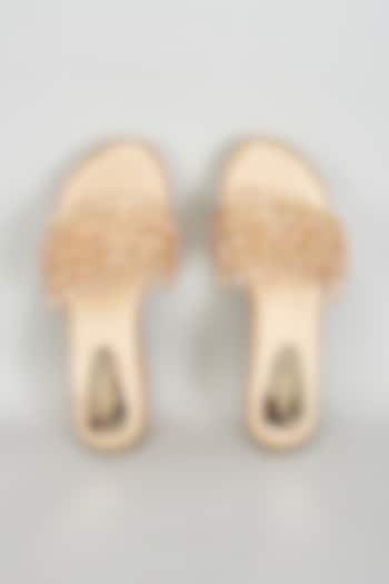 Gold Rexine Crystal & Bead Embroidered Heels by Foot Fuel at Pernia's Pop Up Shop