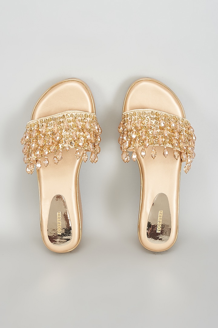 Gold Rexine Crystal & Bead Embroidered Heels by Foot Fuel at Pernia's Pop Up Shop