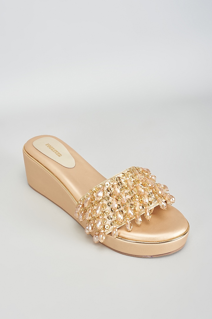 Gold Rexine Crystal & Bead Embroidered Heels by Foot Fuel at Pernia's Pop Up Shop