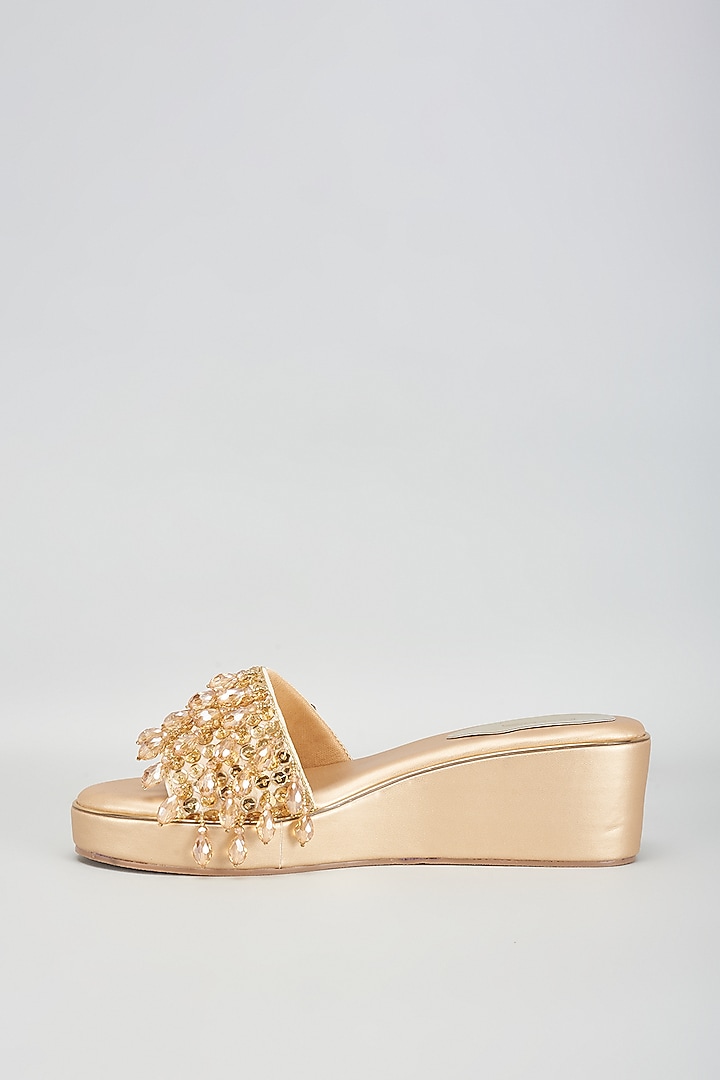 Gold Rexine Crystal & Bead Embroidered Heels by Foot Fuel at Pernia's Pop Up Shop
