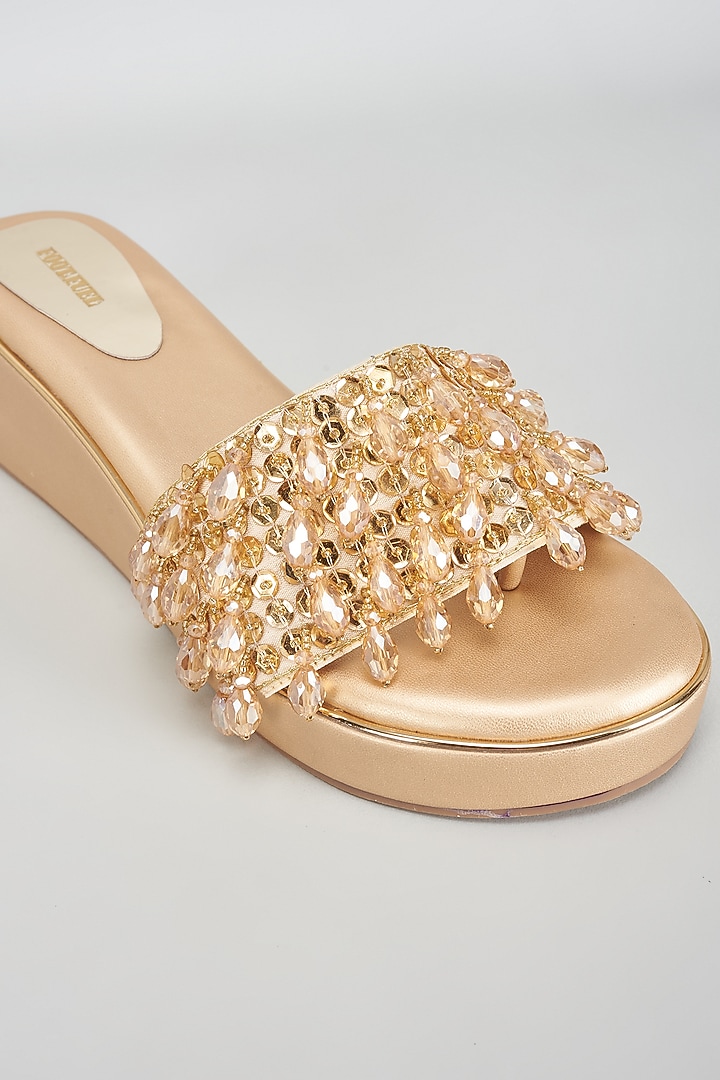 Gold Rexine Crystal & Bead Embroidered Heels by Foot Fuel at Pernia's Pop Up Shop