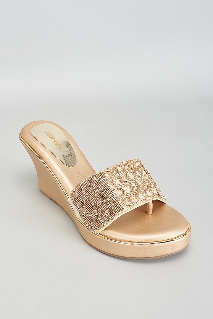 Gold Rexine Zardosi & Aari Work Heels by Foot Fuel at Pernia's Pop Up Shop
