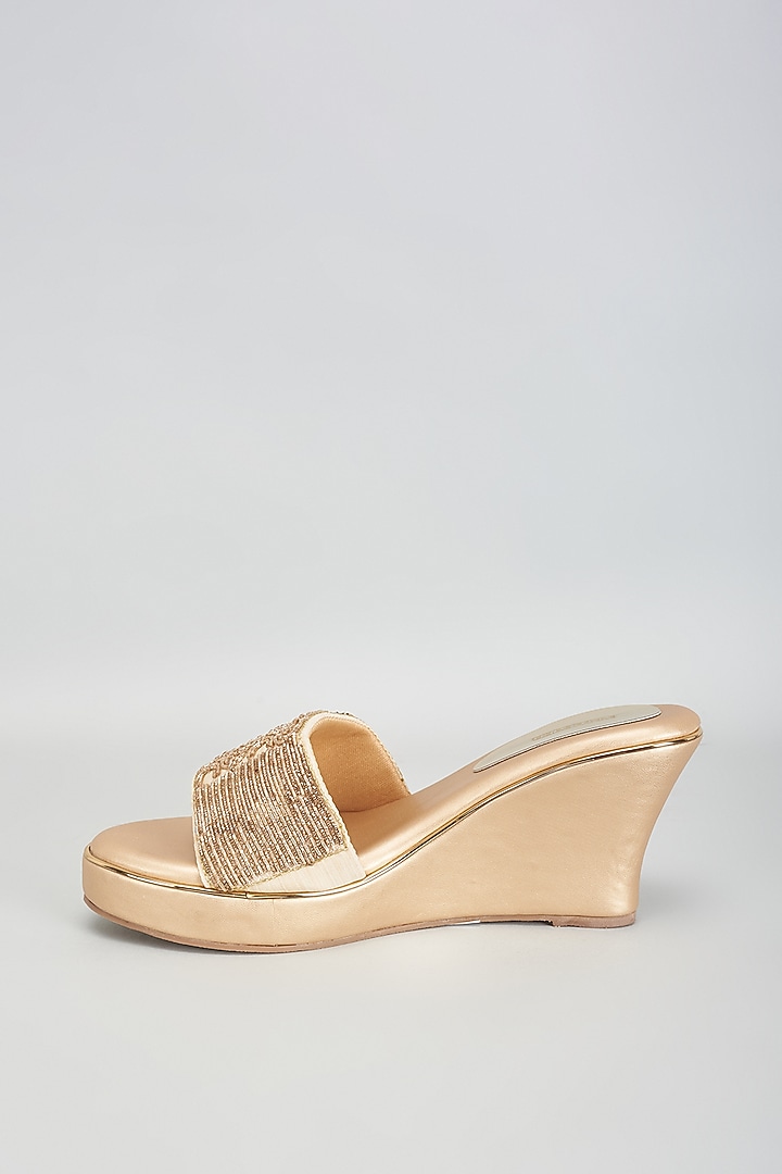 Gold Rexine Zardosi & Aari Work Heels by Foot Fuel at Pernia's Pop Up Shop