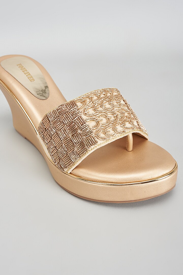 Gold Rexine Zardosi & Aari Work Heels by Foot Fuel at Pernia's Pop Up Shop
