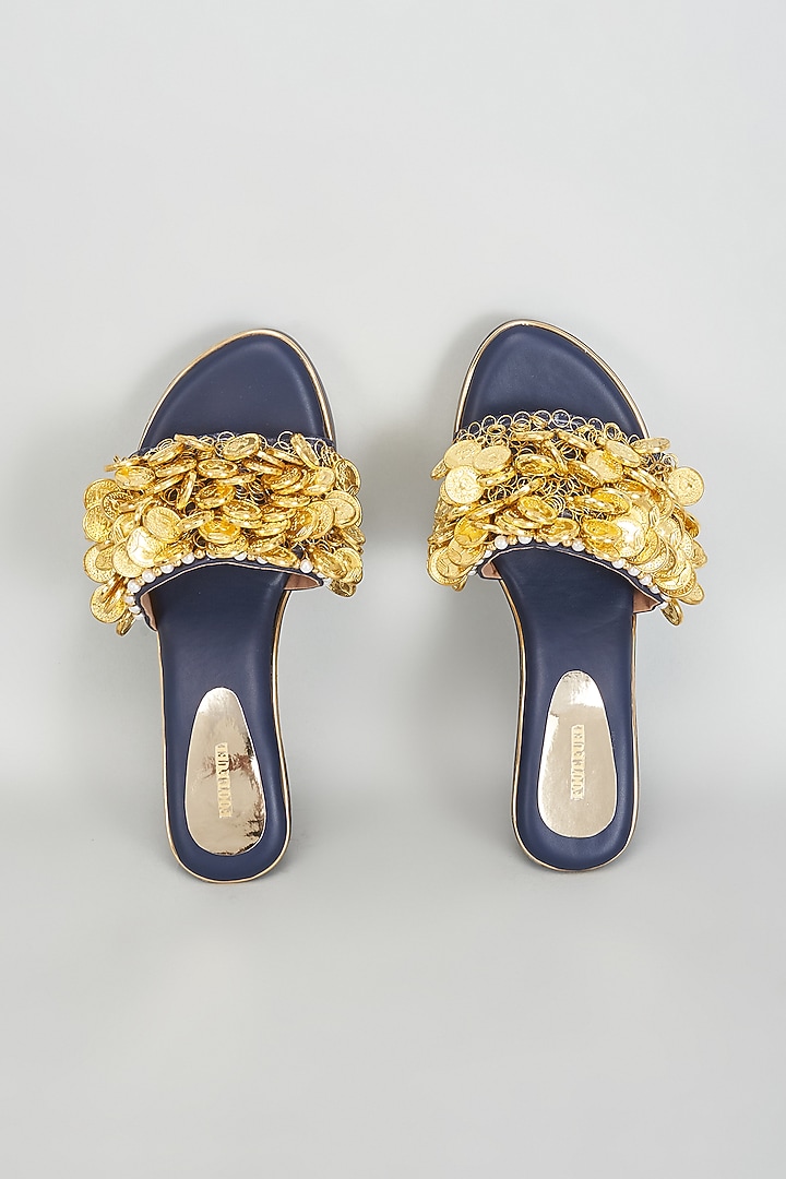 Gold Rexine Coin Embellished Wedges by Foot Fuel at Pernia's Pop Up Shop