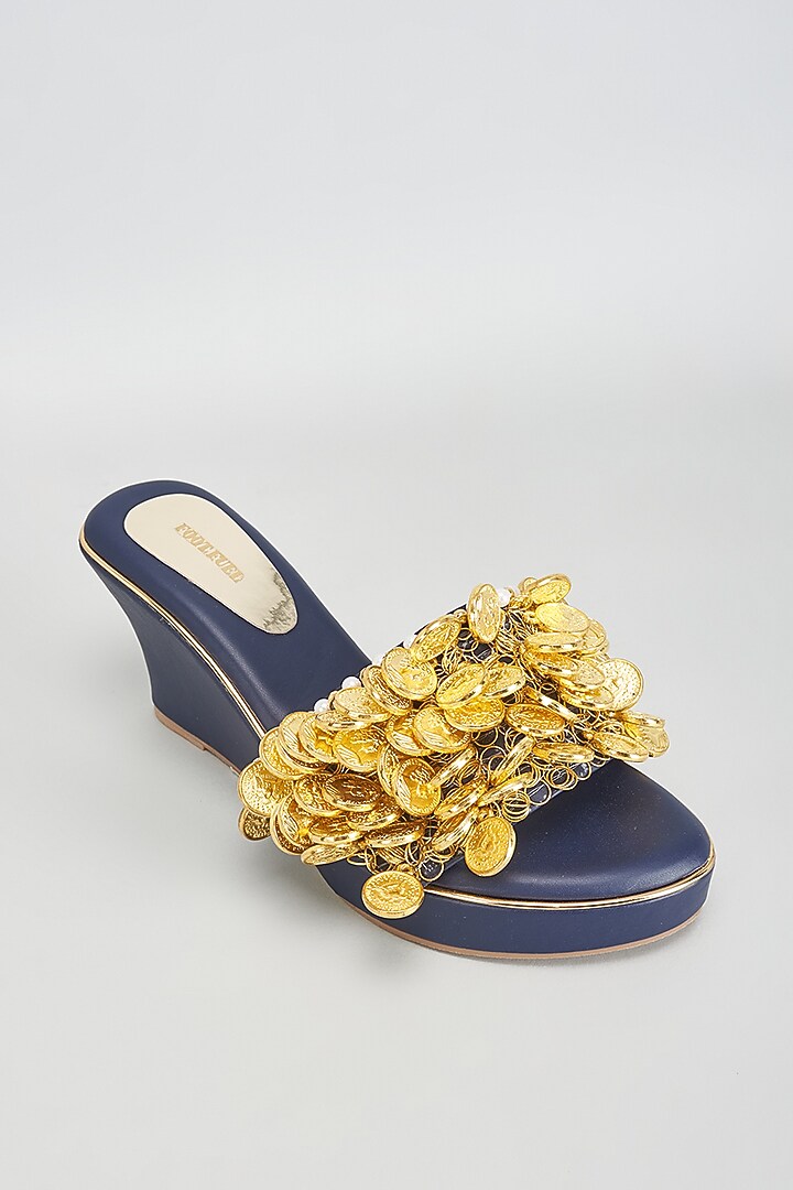 Gold Rexine Coin Embellished Wedges by Foot Fuel at Pernia's Pop Up Shop